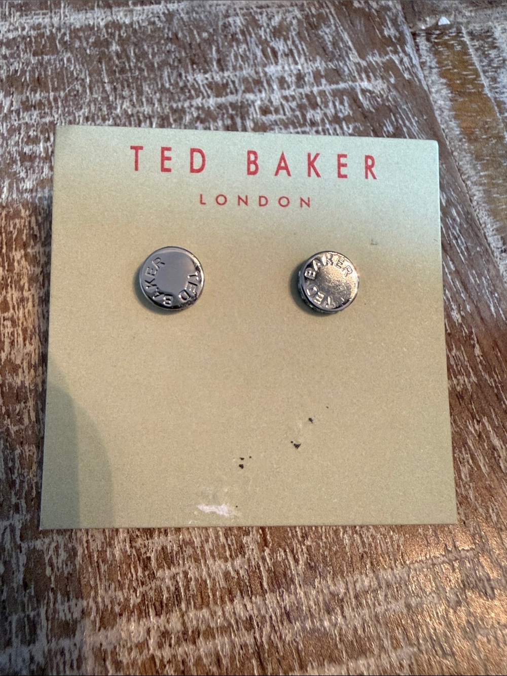NWT Ted Baker Silver Logo Disc Stud Earrings with Crystal Edge